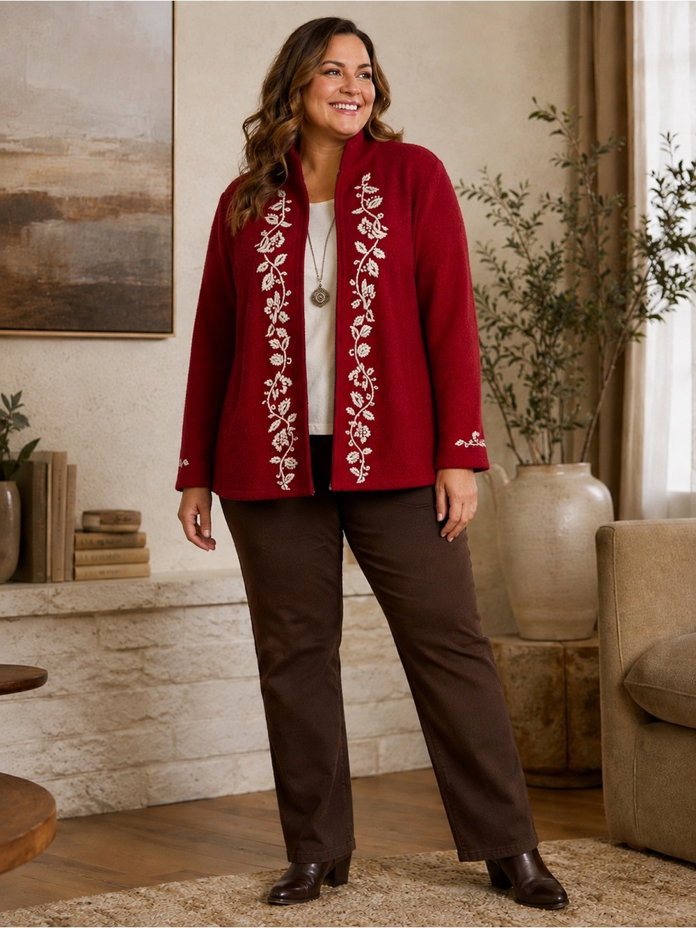 Coldwater Creek Women’s Plus Sz 2X Red 100% Wool Embroidered Floral Zip Jacket